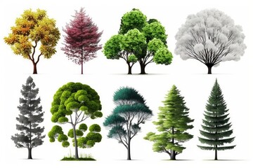 Collection of different trees isolated on white background