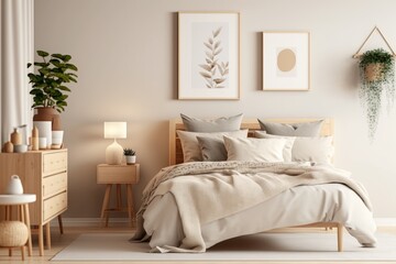 Fototapeta premium Interior of modern bedroom with mock up poster frame