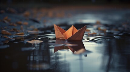 Paper boat in a puddle. Realistic AI generative.