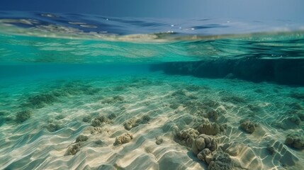 Underwater seascape with a sandy bottom and turquoise water that is perfectly clear. Generative AI