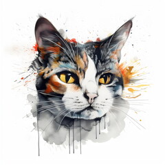 watercolor painting of a tabby cat with splatters, made with generative ai