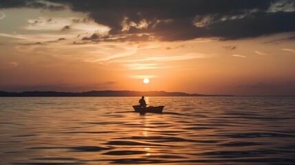 Fototapeta premium Silhouette of a lonely fisherman in the sea on the boat with beautiful sunset. Generative AI.