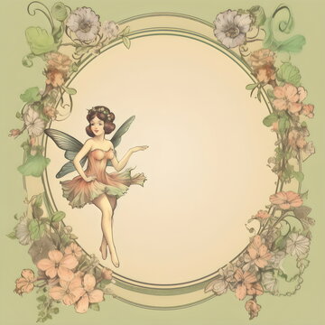 vintage green fairy and flower frame oval background, made with generative ai