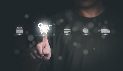 Planning and strategy, progress or success concept, male hand-making online shopping process list are displayed as a virtual hologram, online trading, information search, and online marketing.