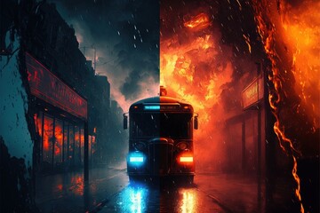 Fototapeta na wymiar Rain against fire. Stylized, red, blue, opposition of opposites. Illustration. AI