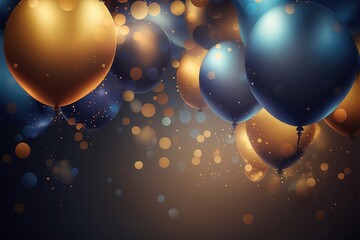 Festive background of balloons. Realism, blue, gold, balloons. Illustration. AI