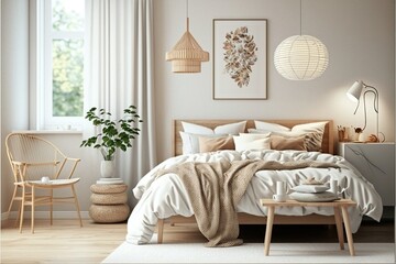 Bedroom design in Scandinavian style. Realism, white, example. illustration. AI