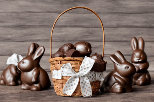 Beautiful basket with Easter 2023 chocolate bunnies on a beautiful wooden background