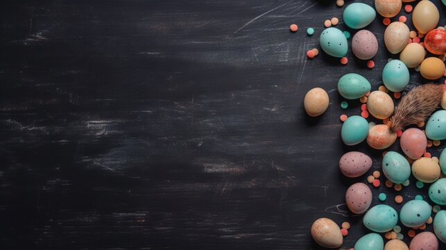 Easter holiday background with copy space. Top view Easter eggs, colorful wallpaper