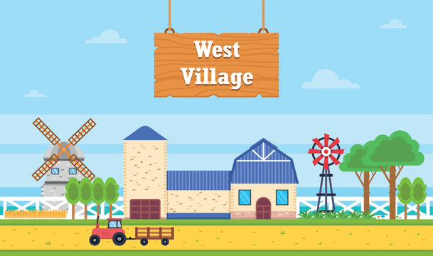 Western village, Ranch landscape, Western farmhouse, Countryside homestead, Farm with tractor