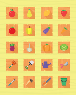 Fruit and vegetable icons set, Farmer's harvest icons set, Farm equipment icons, Rustic farm