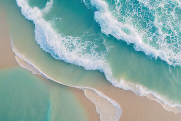 Spectacular top view from drone photo of beautiful beach with relaxing sunlight, sea water waves pounding the sand at the shore. Calmness and refreshing beach scenery. - obrazy, fototapety, plakaty