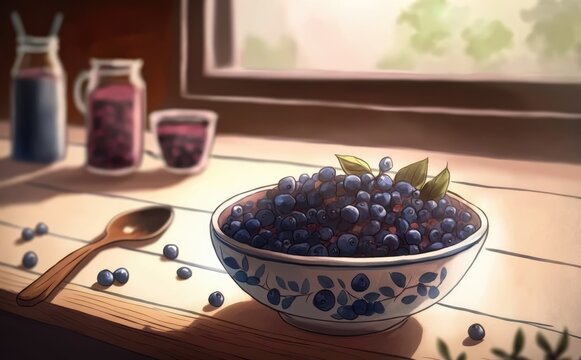 drawn bowl of blueberries on the kitchen background watercolor berries organic food illustrations Generative AI
