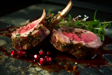 Juicy and delicious lamb from the grill. A tempting cuisine and beautiful culinary art. Generative AI.