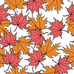 Maple leaves seamless pattern, red and orange autumn leaves in doodle style on a white background