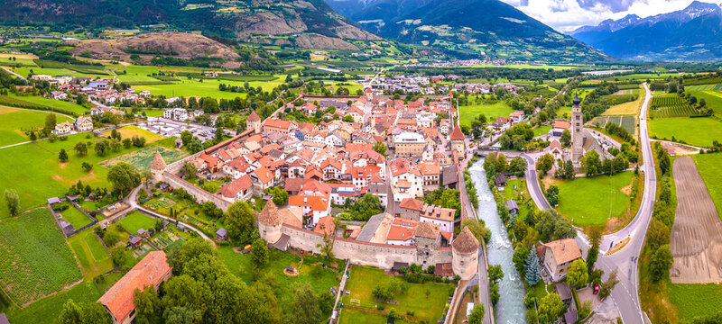 Fortified village of Glorenza or Glurns in Val Venosta aerial panoramic view. Idyllic Alpine landscape