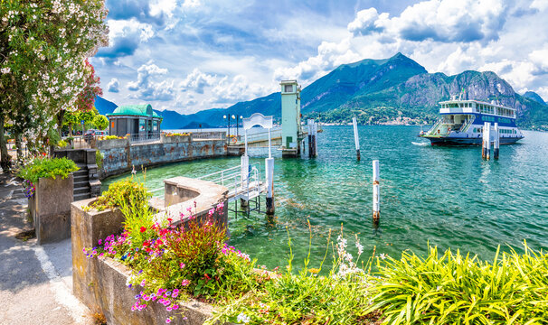 Town of Bellagio Lungolago Europa famous flower lakefront view, Como Lake