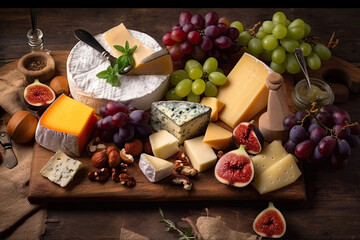 An assortment of artisanal cheeses and grapes on a wooden cheeseboard - Generative AI
