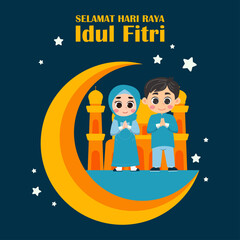 Hari Raya Aidilfitri greeting card template. Cute muslim boy and girl with mosque