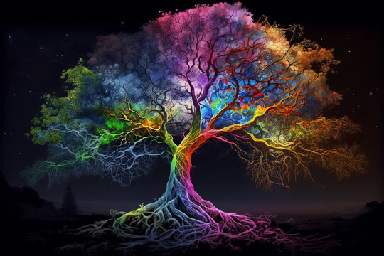 colorful tree on the background of the night starry sky