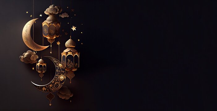 lantern islamic , eid mubarak, Eid al Adha banner with Generative AI