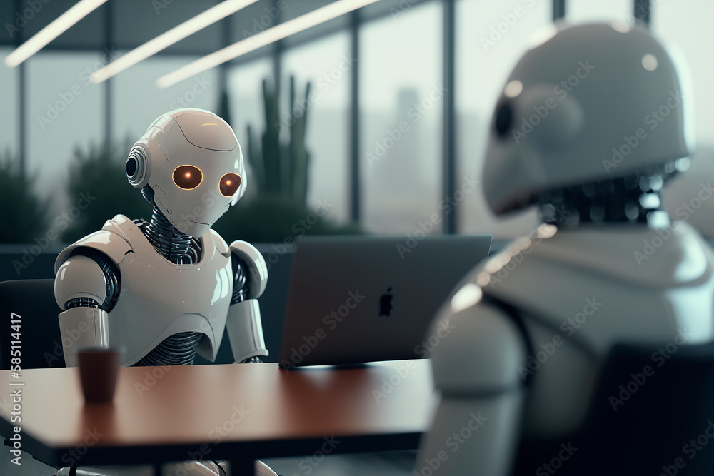 Aufkleber robot employee sitting in the workplace in the office, modern technology android instead of an emplo