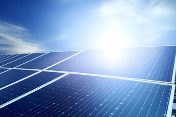 Solar panels and wind turbines in grassy field with sunlight - renewable energy concept. Generative AI