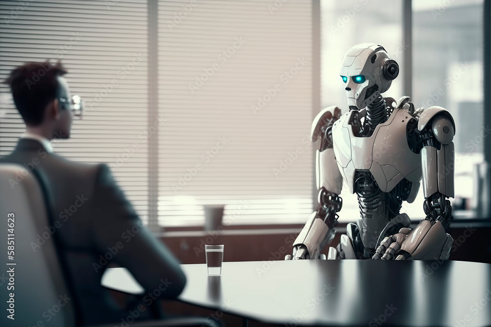 Aufkleber robot employee sitting in the workplace in the office, modern technology android instead of an emplo