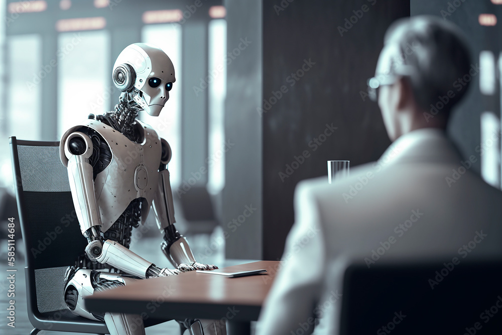 Aufkleber robot employee sitting in the workplace in the office, modern technology android instead of an emplo