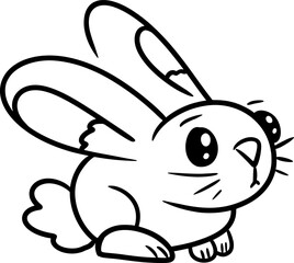 Vector drawing of fluffy rabbit, bunny. Contour, silhouette, black and white, cartoon style, hand drawn, doodle, flat. Cute, ears, Easter bunny., animal, holiday, spring, isolated, pet, cheerful.