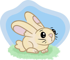 Vector drawing of a little beige rabbit, bunny. In cartoon style, doodle, flat, cute, animal, mammal. For Easter, spring, Easter bunny, holiday, weekend.Colourful, on blue sky background, with grass.
