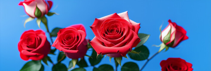 Illustration of a bouquet of red roses against a blue background created with Generative AI technology