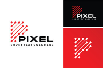 Initial Letter P Pixel with Connected Dots Link for Modern Digital Futuristic Icon Logo Design