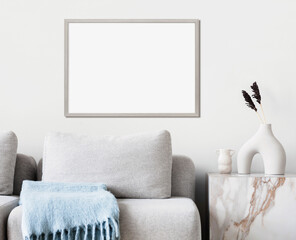 Blank picture frame mockup on wall in modern interior. Artwork template mock up in interior design....