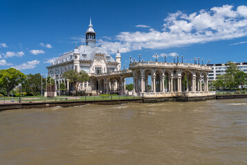 Naklejka premium Ornate facade and entrance of the Museo de Arte Tigre building adn which housed the Tigre social club at the turn of the century