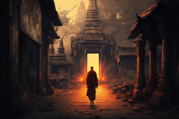 Buddhist monk walking at old temple at sunset, ancient oriental architecture, generative AI.
