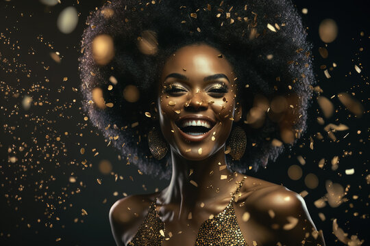 Black woman having fun at party, girl surrounded golden confetti, generative AI
