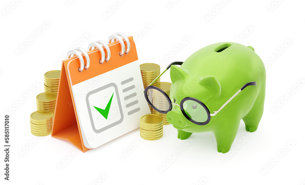 Fototapete savings scheduling. a personal planner in the form of a calendar in composition with a coin bank and