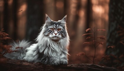 A black and white mainecoon cat sat in a colourful vibrant forest, Generative IA - obrazy, fototapety, plakaty