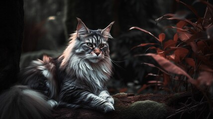 A black and white mainecoon cat sat in a colourful vibrant forest, Generative IA