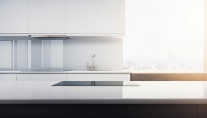 Fototapeta na wymiar Empty white table and defocused modern kitchen background. Generative AI