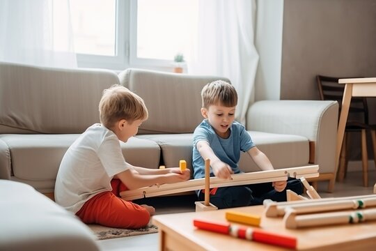 Zwei sechsjährige Kinder spielen mit Bausteinen im Wohnzimmer (Generative AI)