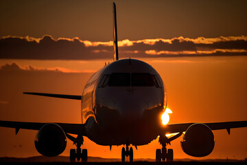 A plane is on the runway at sunset. - obrazy, fototapety, plakaty