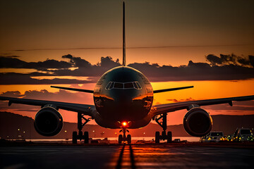Fototapeta na wymiar A plane is on the runway at sunset with the tail pointing up.