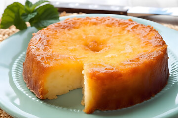 A yellow cake with a slice taken out of it Macaxeira Bolo Brazilian