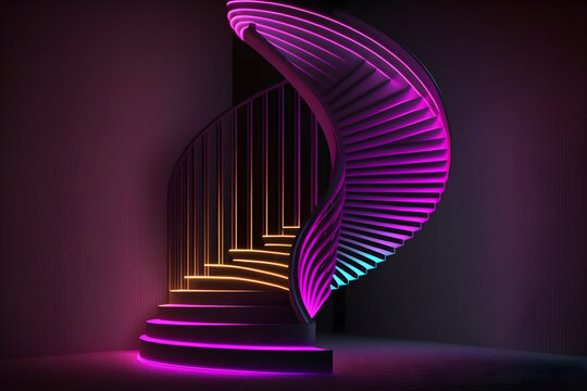 Staircase illustration with colored led lines, abstract