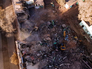 Aerial view of demolition site. Process of demolition of old industrial building
