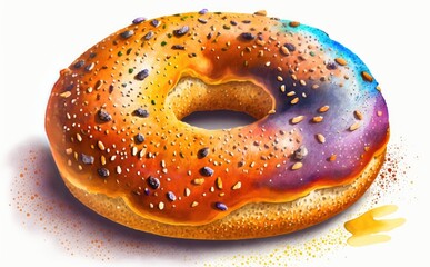 A drawn bagel or doughnut on white background watercolor pastry illustrations Generative AI