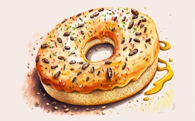 A drawn bagel or doughnut on white background watercolor pastry illustrations Generative AI