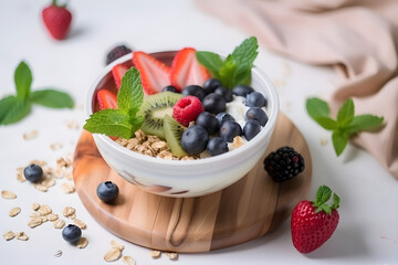 Berries and yogurt Healthy breakfast. Fresh granola, muesli with yogurt and berries on marble bottom